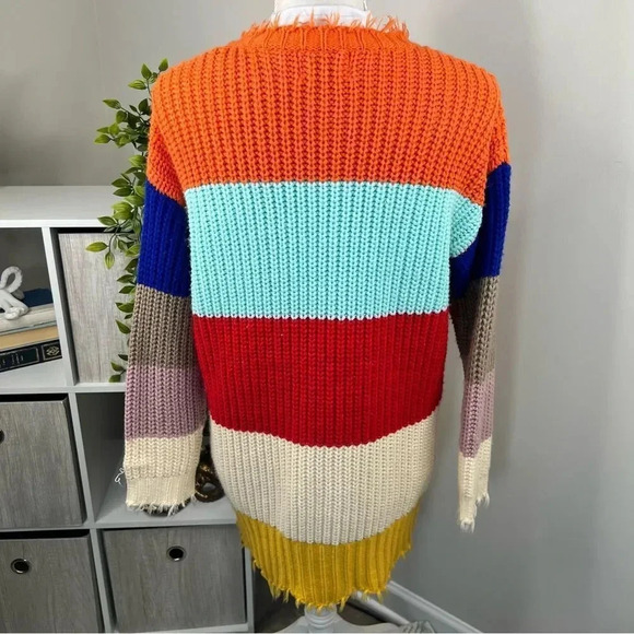 Dress Up Colorful Striped Tunic Sweater V Neck Frayed Trim Size S - Picture 6 of 11